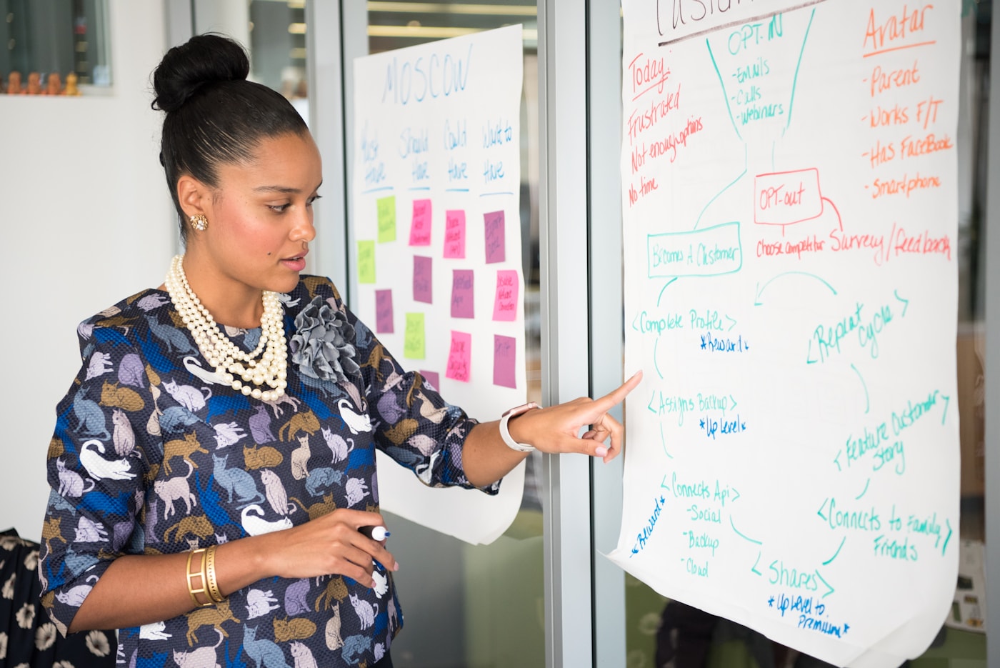 A facilitator walking a team through a strategic framework diagram